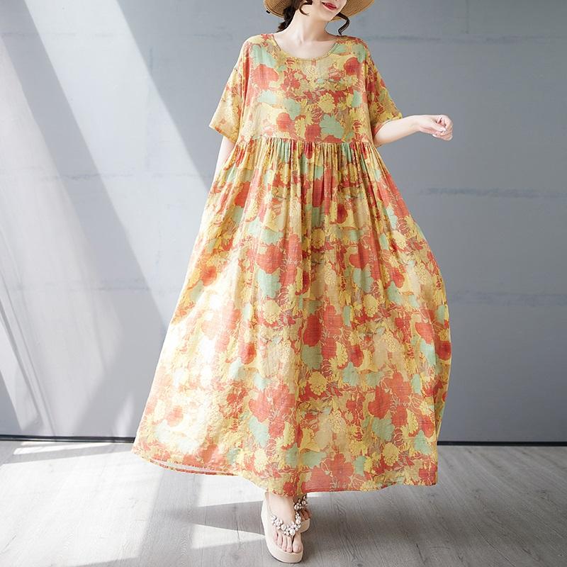 Short Sleeve Plus Size Cotton Vintage Floral New In Dresses for Women Casual Loose Long Summer
