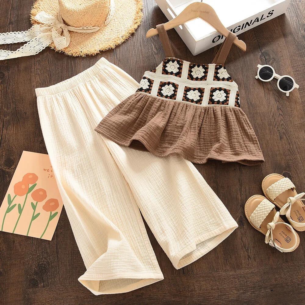 Bear Leader Meisjespak Zomer Bruin Retro Bedrukt Geruit Camisole Topje + Beige Broek Lief TweeDelig Pak 3-7 Jaar 5Y white