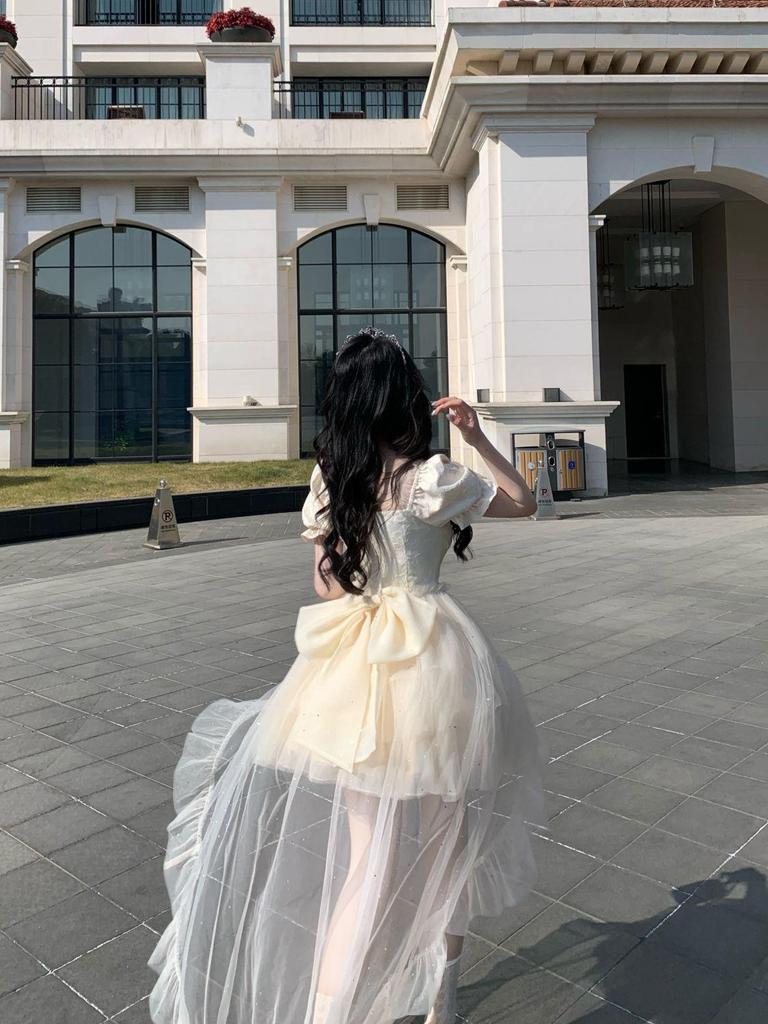 Blovelan Princess Dress - Half Cup Love Words, Big Bow, Sparkle Jacquard, Fluffy Train, Birthday Outfit