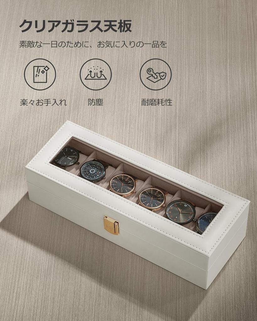 SONGMICS Watch PU Leather Watch Storage Box with Clear Stylish Watch Box for Watches and Day Gift for Men and Birthday White Case, 6-Piece Window,