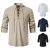 Men's Cotton Linen Long Sleeve Henley Shirt, Casual Beach Style, Stand Collar, European Size