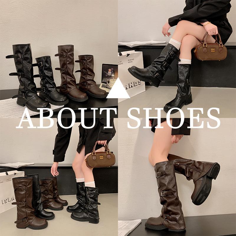 Vintage medium and high tube western denim pile knight women's boots autumn new buckle French trousers thick heel knight boots