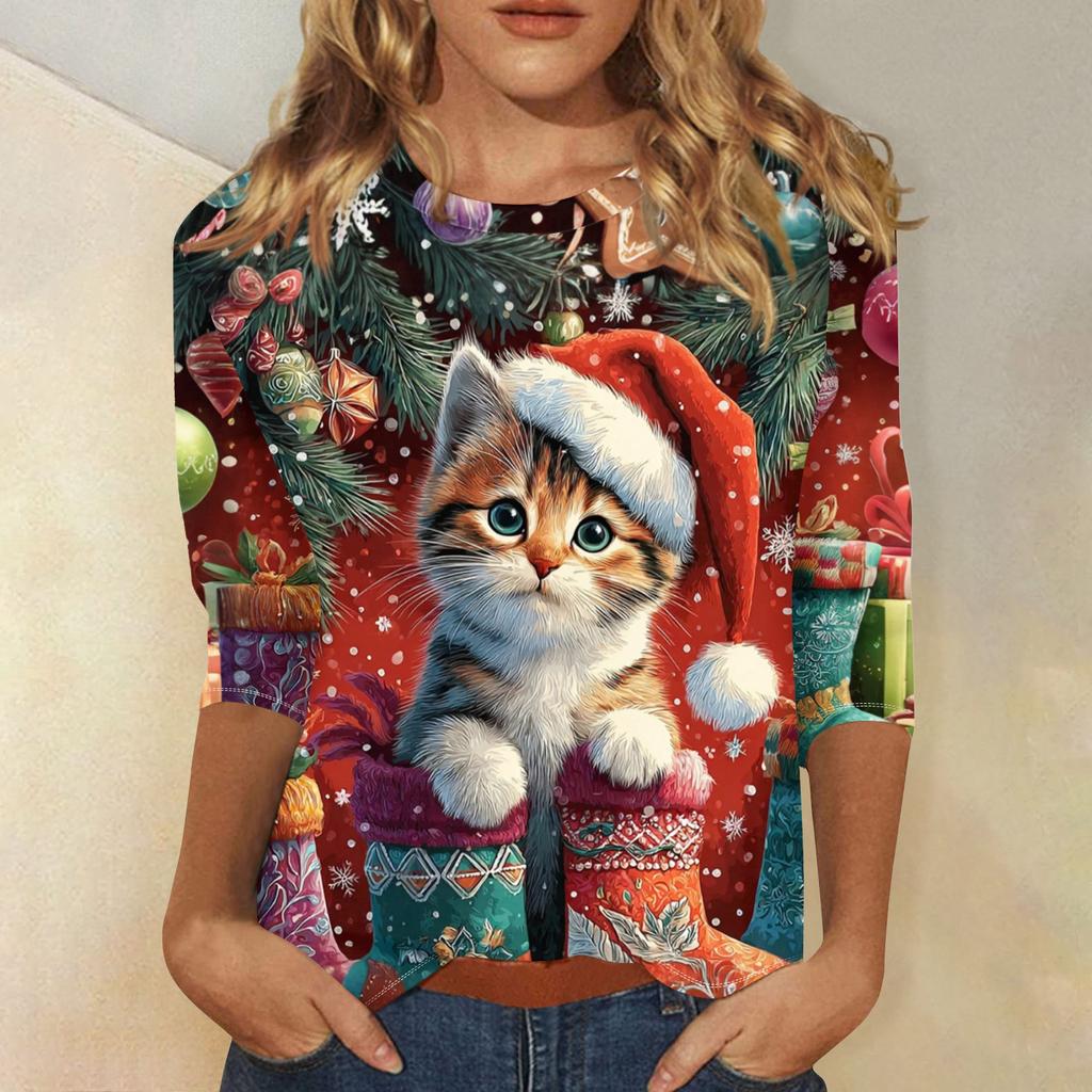 Dámské módní a ležérní top s tříčtvrtečním rukávem a vánočním potiskem s kulatým výstřihem