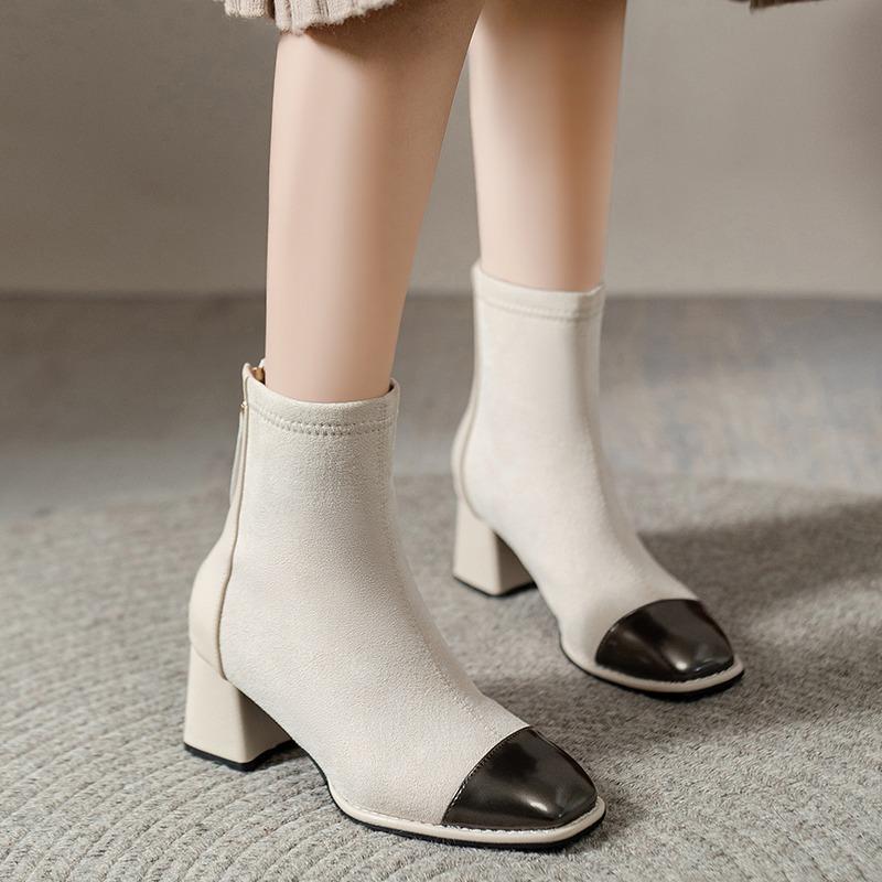 Moda Preto Botas da Moda Salto Baixo Zíper Botas Nude Marrom Escuro Primavera e Outono Feminino Solteiro 35-40 Tia Botas Curtas Femininas