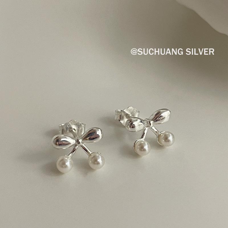 Su Chuang S925 Sterling Silver Pearl Bow Earrings for Women - Elegant, High-End Design 925 Sterling Silver