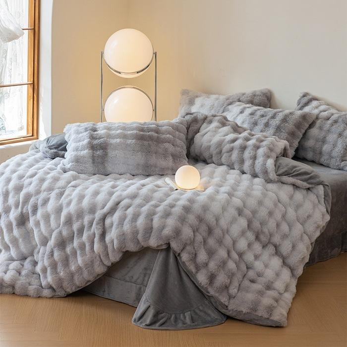 Rabbit Fleece Four-Piece Light Luxury Thickened Milk Fleece Bed Warm Double-Sided Fleece Quilt Cover Mattress Model