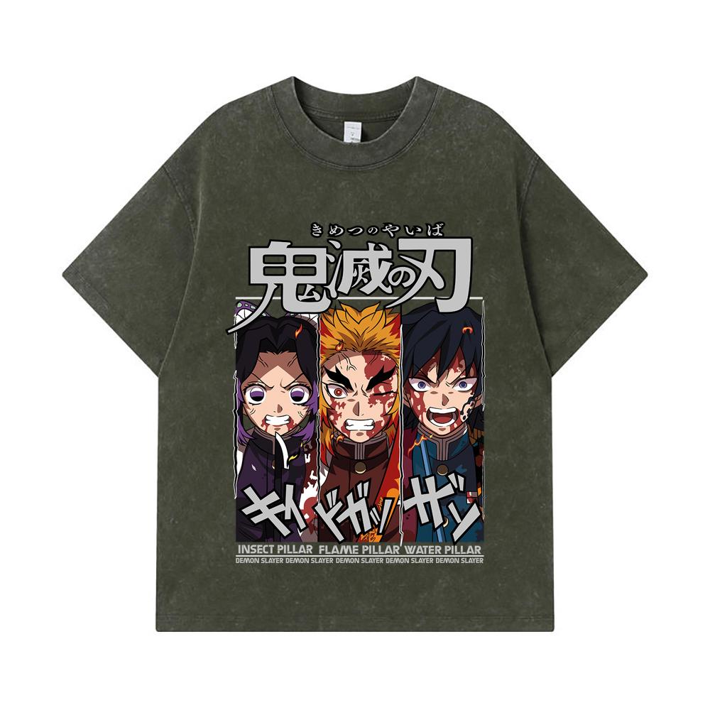 

275 GSM Washed T-shirts 100% Cotton Demon Slayer V58 Pillars Print Unisex Heavy Cotton T Shirt S армия зеленый