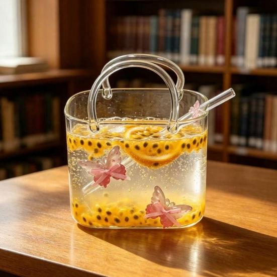 Yousheng Handtaschenförmiges Weinglas, 750 ml Handtaschen-Cocktailbecher mit Strohhalm, Einzigartiger Glasbecher für Saft und Limonade, Kreative Vase für Blumen