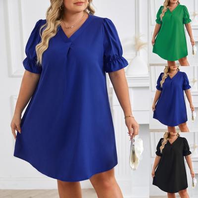 (XL~5XL) V-neck Solid Short Dress for Women Ruffled Short Sleeve Loose Waist Dress Casual Basic Work Vacation Dress Summer Breathable Soft Plus Dress