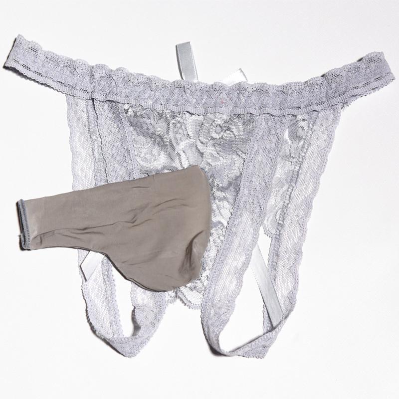 Sissy Lingerie For Men Sexy Seductive Thong Lace Open Crotch Panties Pouch Sheath Underwear Transparent Ultra-Thin Underpants