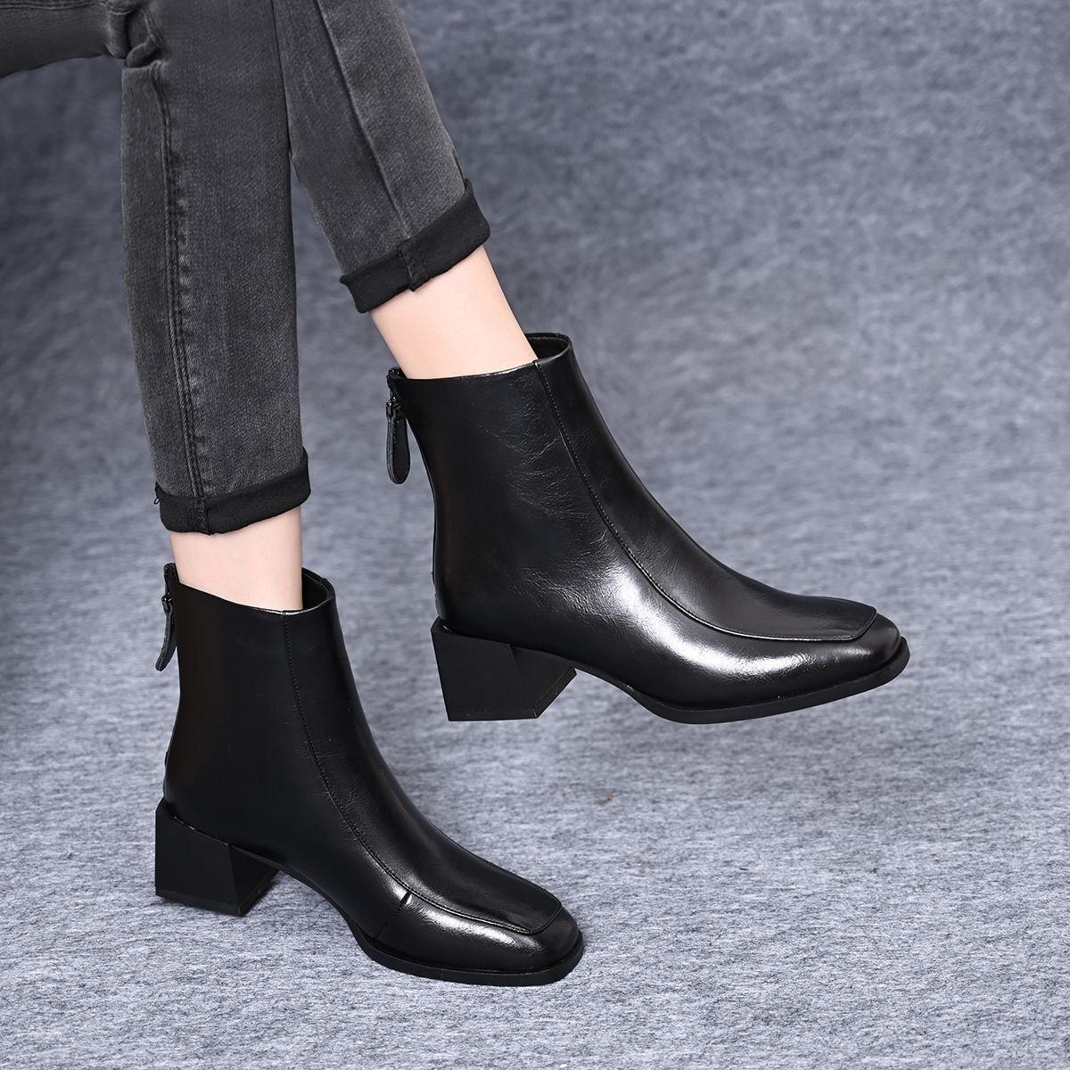 Women s Chunky Heel Short Martin Boots - AutumnWinter 2025 Leather Plus Velvet Nude Square Toe Mid-Heel Comfortable Fit 38 4836₽