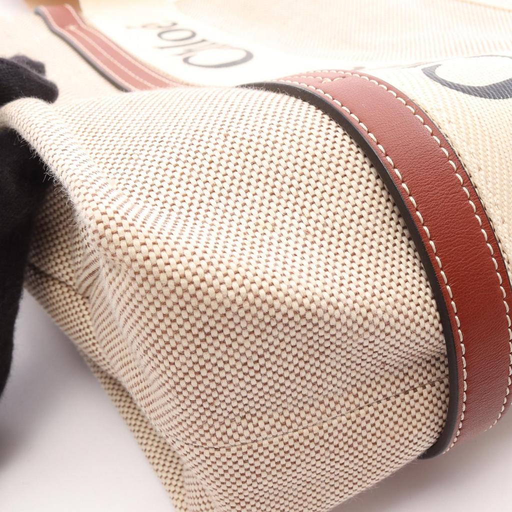 Used Chloe WOODY Medium Tote Tote Bag canvas leather Beige Brown Used Women