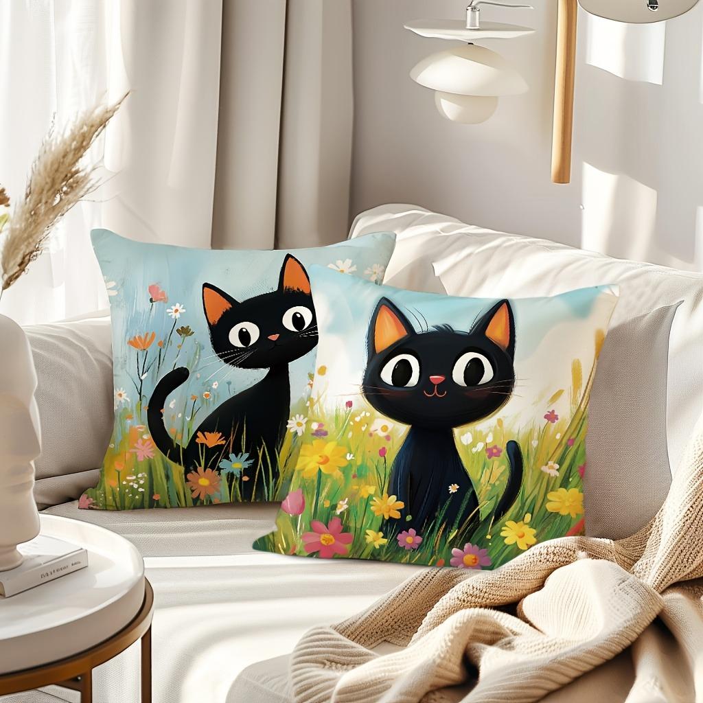 Cute Black Cat - Floral Pillow CoversLiving Room Sofa Cushion Cover, Soft and Comfortable, Bedroom Room Decoration