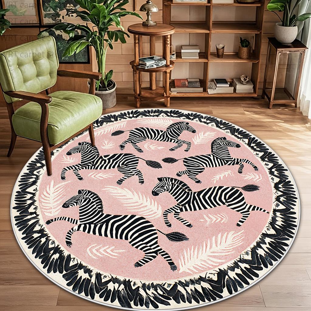 Thickened Children Cute Zebra Round Rug Retro Decor Home Bedroom Living Room Sofa Area Carpet Non-slip Washable Plush Floor Mat