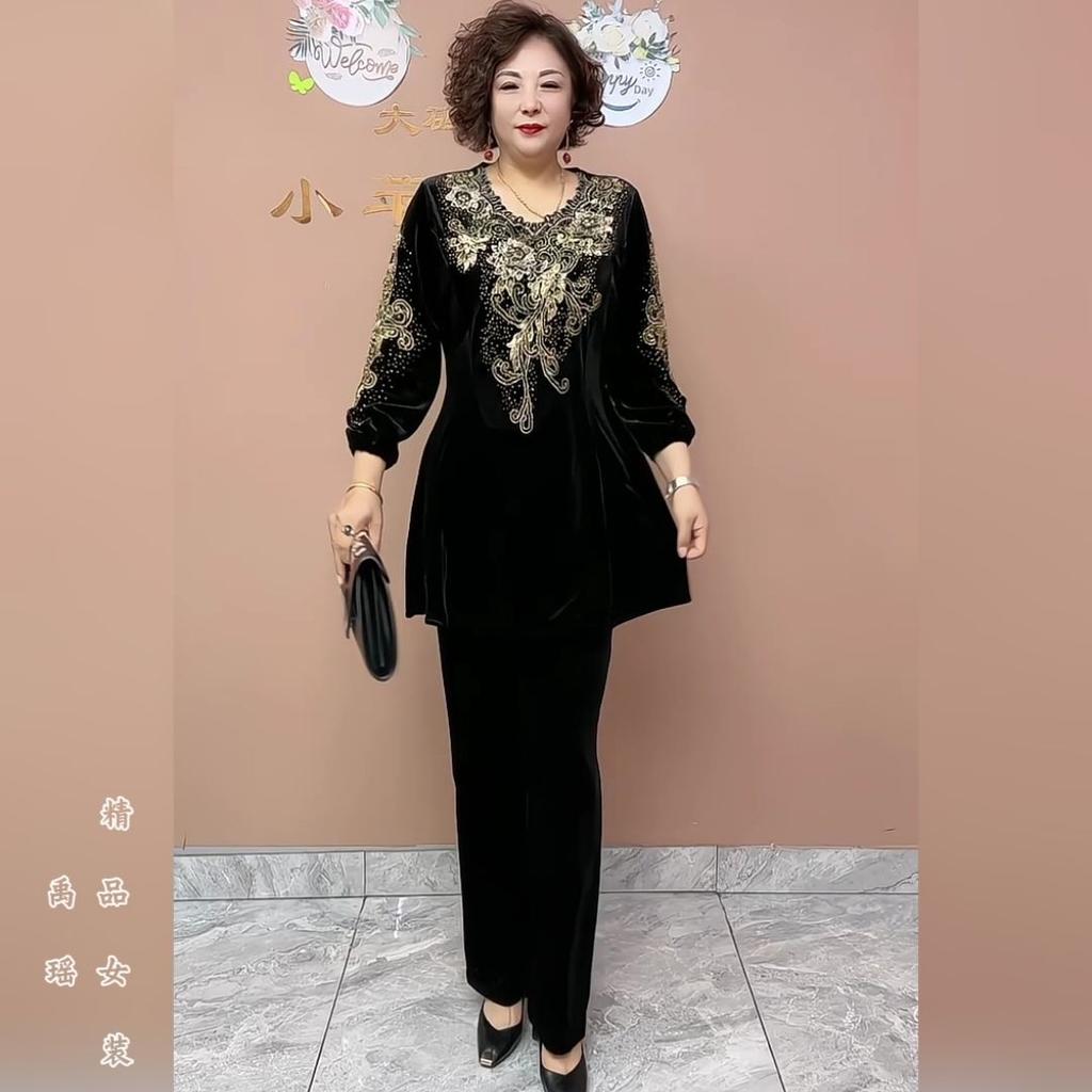 2pcs Pants Suits Autumn Women's Embroidery Velvet Plus-size Blouse High-waist Velvet Pants Two-piece Set Oversized Velvet Pants Suits