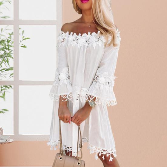 Röhrenoberkleid, einfarbig, Spitze, schulterfrei, 3/4-Ärmel, Pullover, Partykleidung, weiß, Sommer, Strandparty, Ein-Schulter-Kleid, Damenkleidung