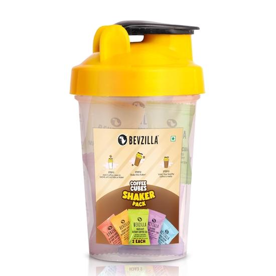 Bevzilla Instant Coffee Cubes & Bottle Pack With 10 Coffee Cubes (2 Cubes Each Flavour) & Creamy Vanilla | BPA Free Shaker 500 Ml Leak Proof