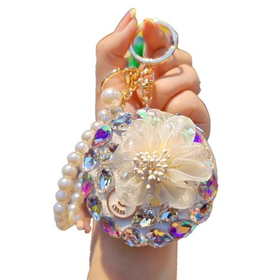 Женский Складной Зеркальный Брелок Портативное Зеркало для Макияжа Подвеска Стразы Искусственный Жемчуг Двустороннее Зеркало