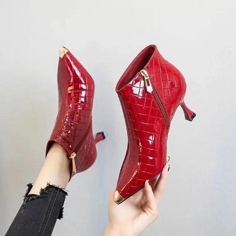 Women Ankle Boots High Heels Short Botas Winter Wedding Shoes Pointed Toe Side Zip 34 40 Black Red Beige Dropship Women Shoes