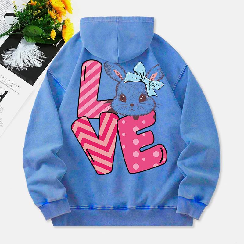 Cute Rabbit Washed Hoodie Womens Love Letter Printed Cotton Clothes Distressed Pocket Oversize Womans Streetwear
