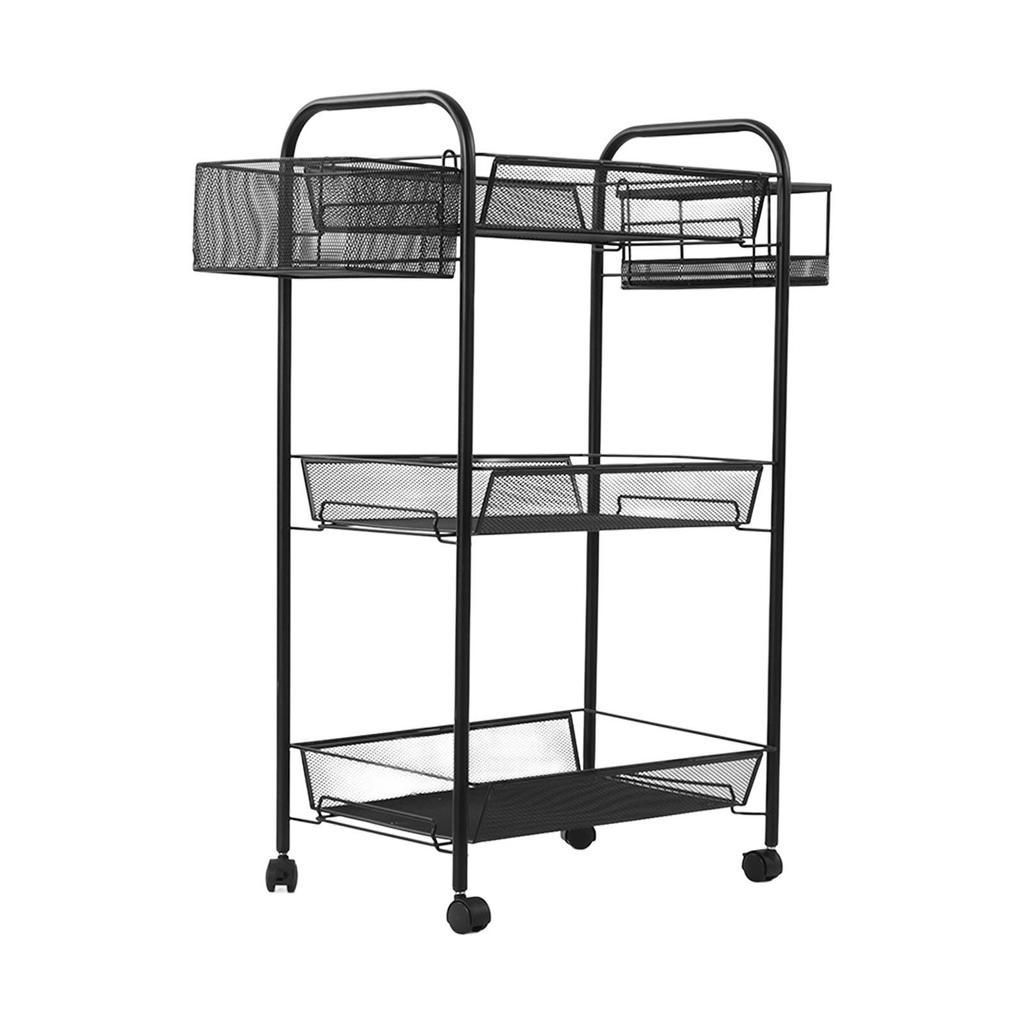 Metal Shelves Portable 3 Layers Black Pantry Organizer Bottom Pulley Storage Equipment for Bedroom