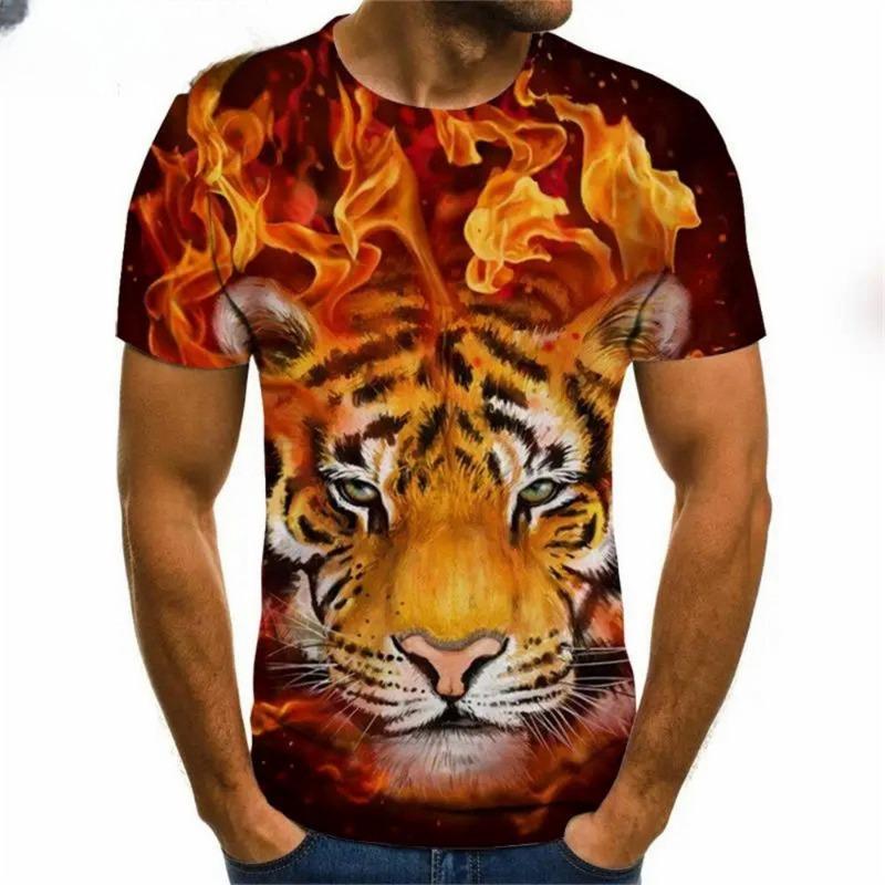 Męski T-shirt z krótkim rękawem z okrągłym dekoltem i nadrukiem cyfrowym 3D tygrysa - Modny Oddychający Wygodny Top na Lato Oversize