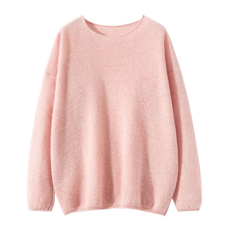 

Женский кашемировый свитер свободного кроя с круглым вырезом - Однотонный пуловер One Size