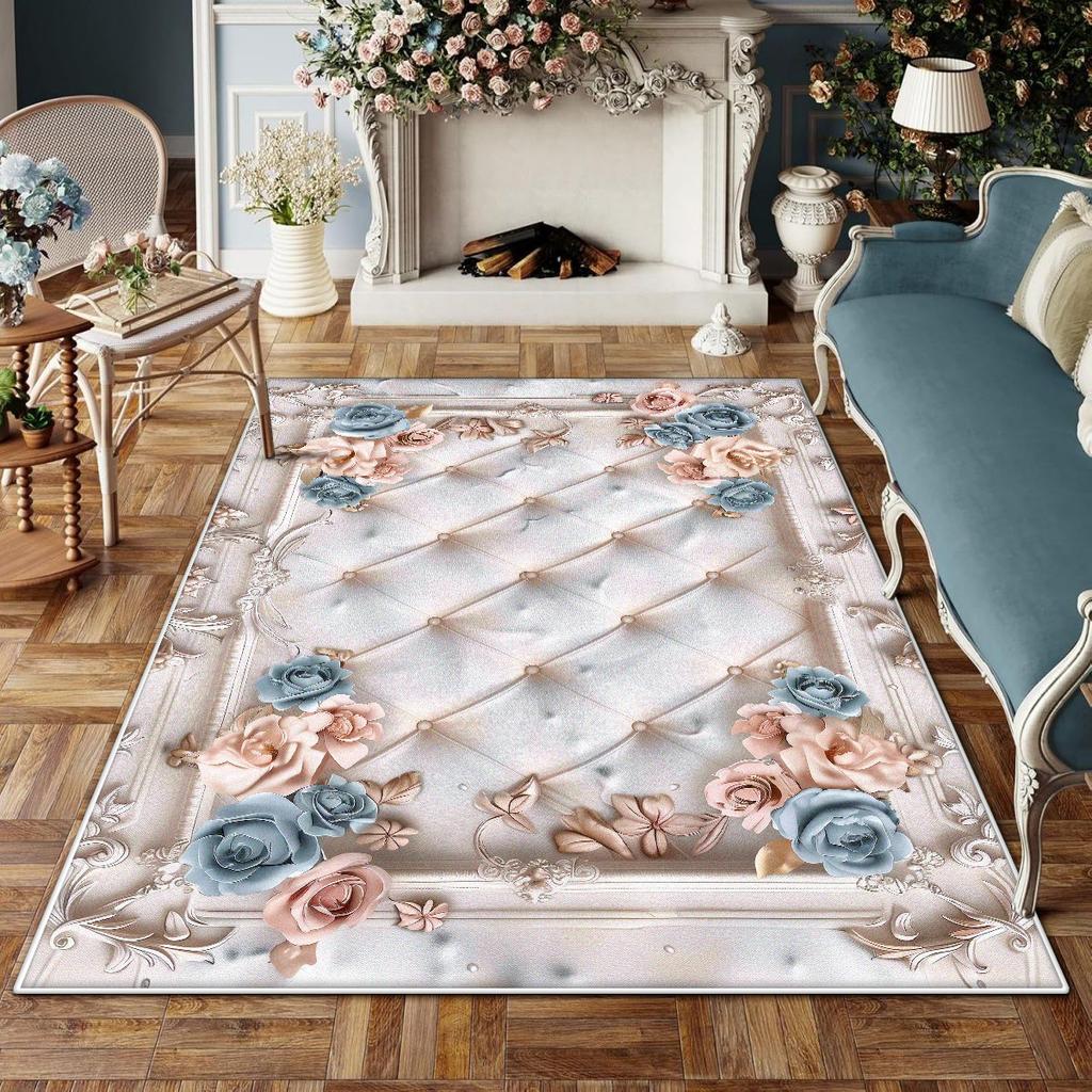Europäischer Stil Rutschfest Großer Wohnzimmerteppich Blumendesign Raumdekoration Ästhetischer Schlafzimmerteppich Schminktischmatte Waschbar
