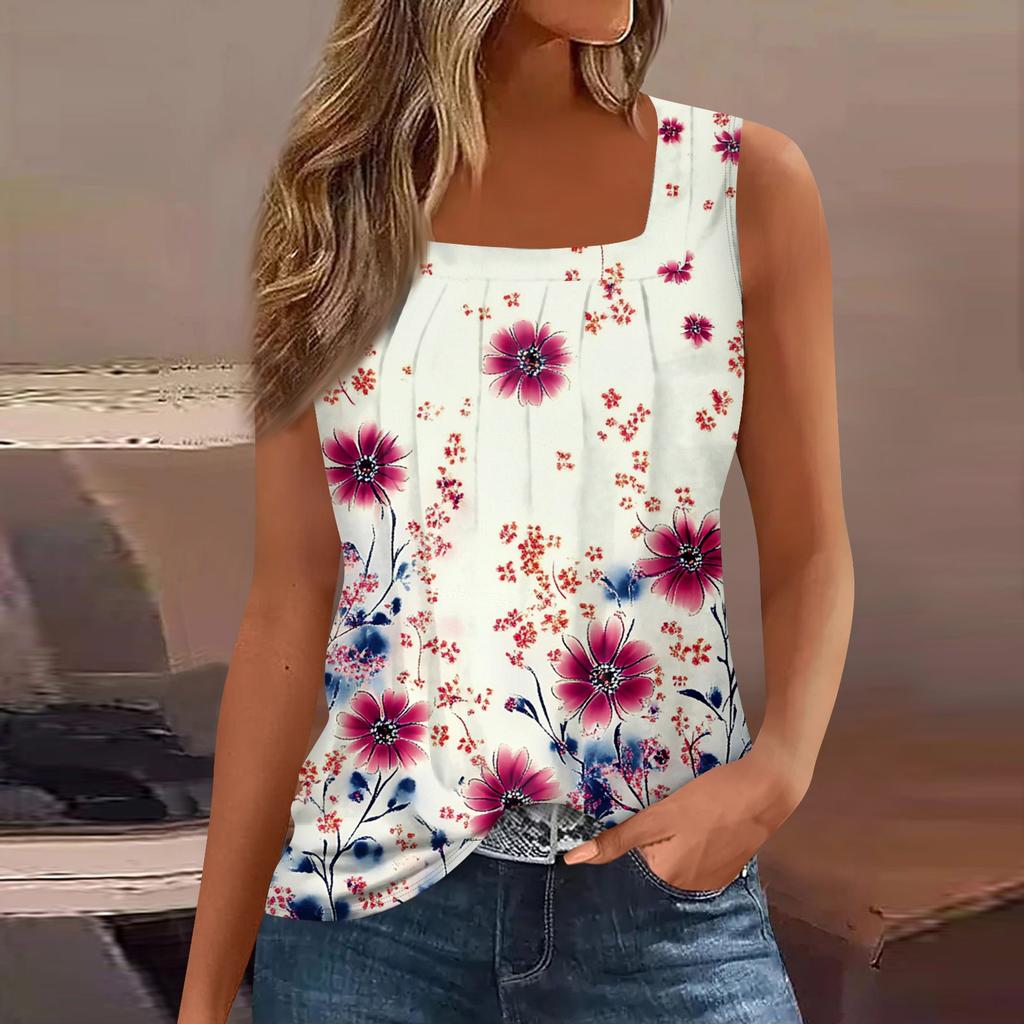 Women's Summer Casual Pleated Square Neck Sleeveless Tank Top Printed T-Shirt