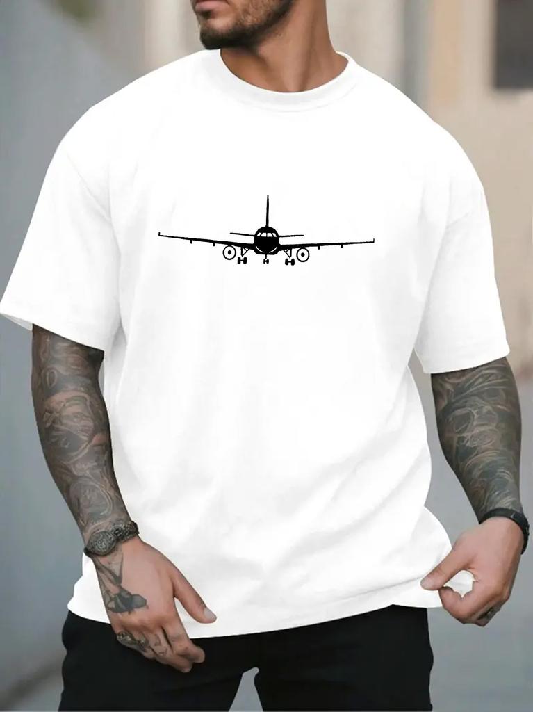 Unisex O Neck Tee Simple Airplane Silhouette Graphic Print Cotton Short Sleeve Loose Summer Breathable Daily Casual Basic Wear Top