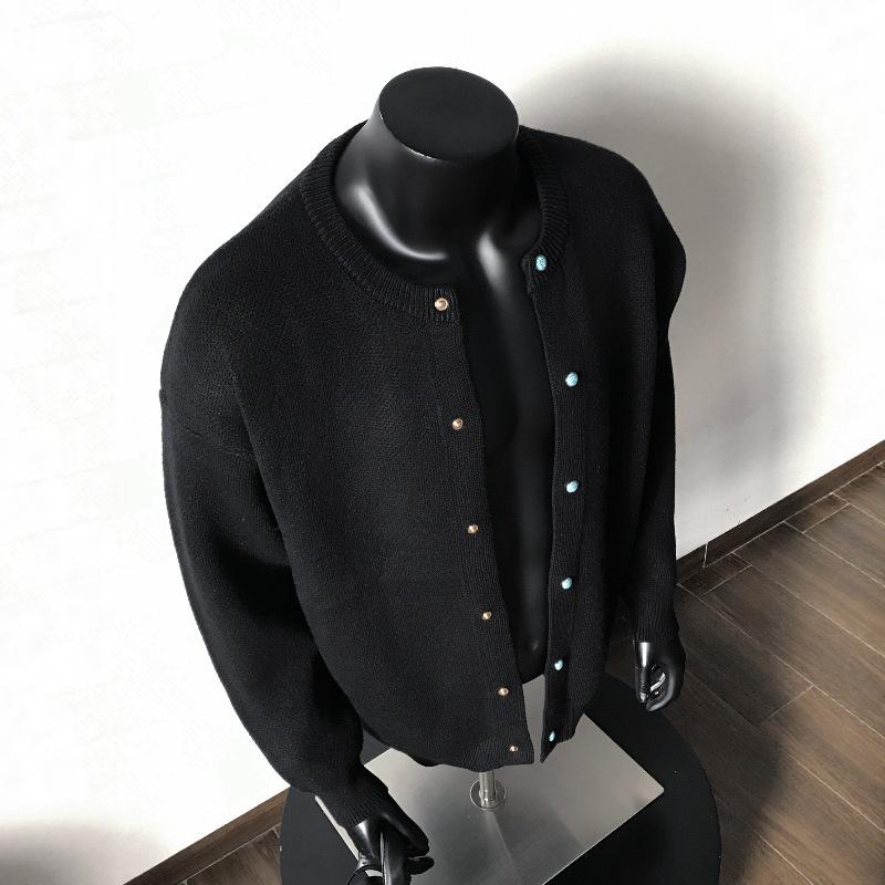 QAGO Turquoise Color Block Button Cardigan Sweater for Men - Autumn American Old Money Style Knitwear