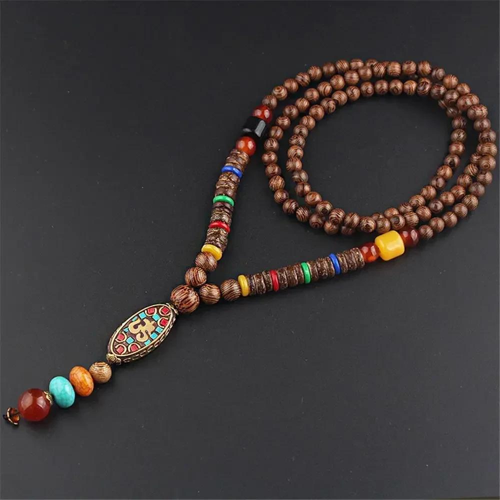 Handmade Nepal Buddhist Mala Bead Pendant Necklace Ethnic Wooden Bead Long Jewelry Gifts For Women