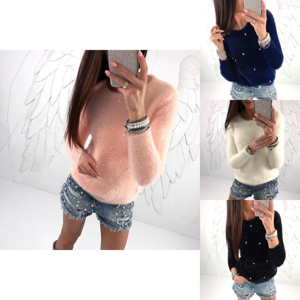 Cozy Women Plush Beaded Sweater Casual Solid Color Fur Sweatshirt With O-neck