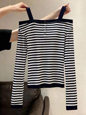 Gestreiftes schulterfreies Camisole Langarm-T-Shirt für Damen - Figurbetontes Herbst-Layering-Oberteil