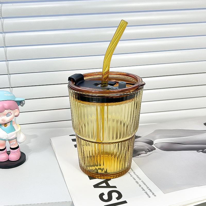 450ml Kreativní sklenice s pruhy Průhledné sklenice s víčkem a brčkem Hrnky na kávu Hrnky na čaj Sklenice na džus Sklenice na mléko a vodu Sklenice na pití