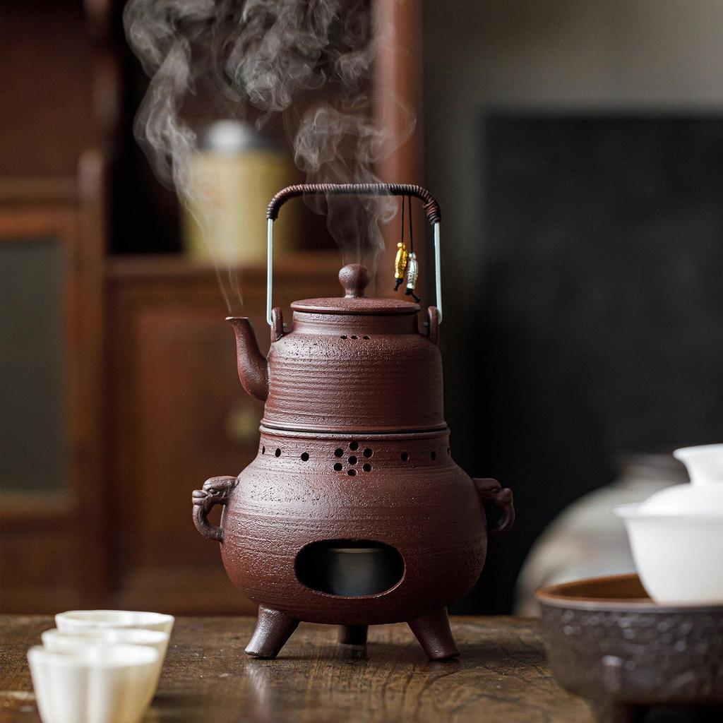 Guanlan Retro Coarse Pottery Tea Kettle Set with Alcohol Warmer for Outdoor Brewing