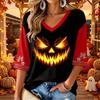 Women's V-Neck Halloween Print Three-Quarter Sleeve Casual Blouse for Fall