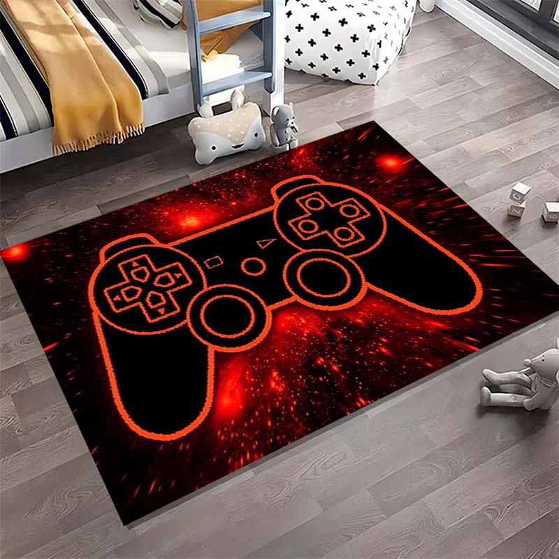 Red Neon Game Controller Cosmic Starry Print Area Rug Non‑Slip Rectangular Floor Mat Gamer Gaming Room Decor