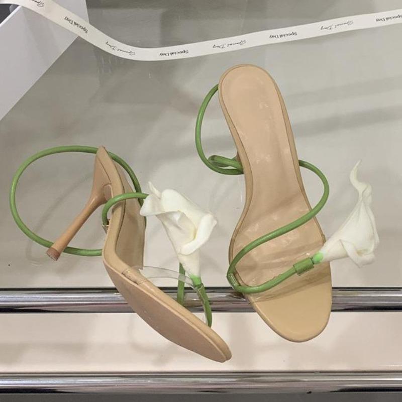 Fashion Sexy PVC Transparent Flower Narrow Band Women Sandals Street Style Open Toe Thin High Heels Party Prom Shoes Zapatos De Mujer