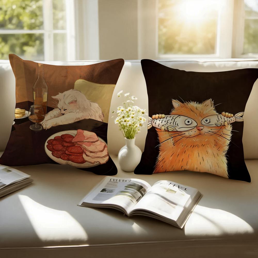 Expressive Hilarious Expressions Cats Oil Paint Cushion Cover Pillowcase Antidustmite Invisible Zipper Short Plush Sofa Cushion