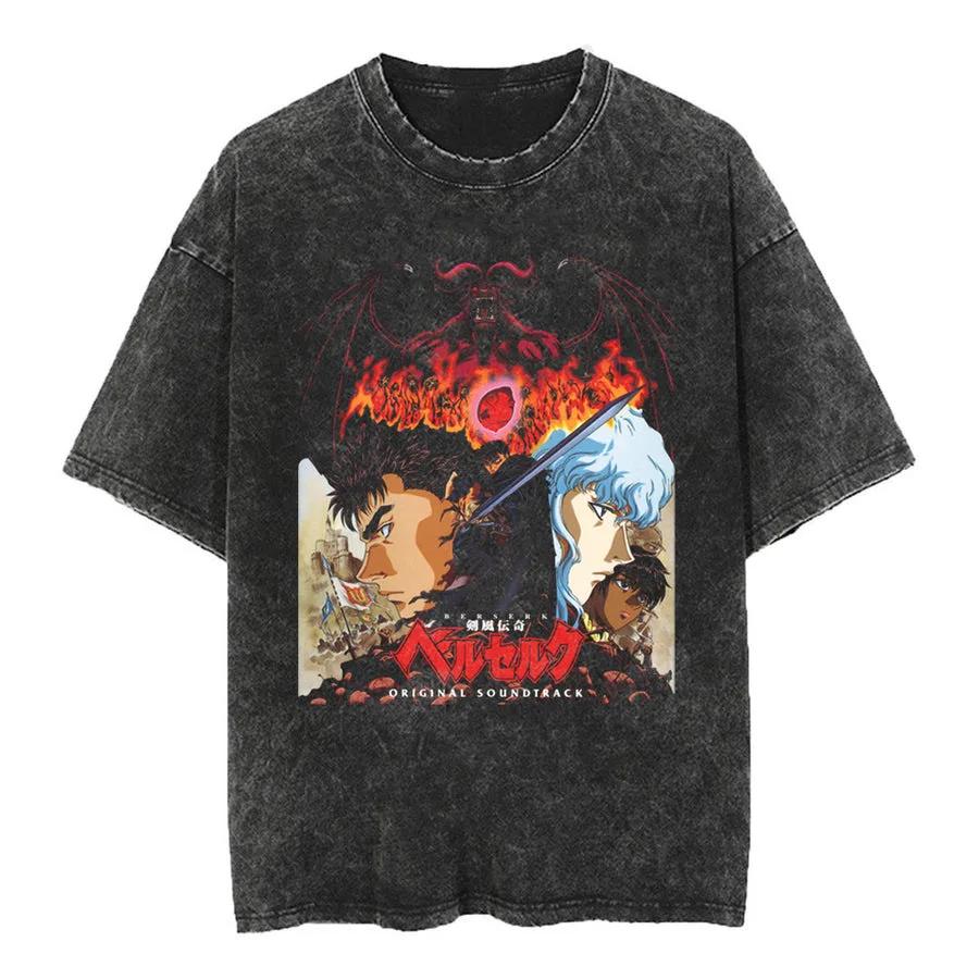 Men Anime Graphic Print T Shirts Washed Vintage Oversized Tshirt Harajuku Streetwear Cotton Loose Short Sleeve Tshirt Tees Tops