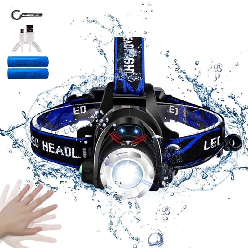USB Rechargeable LED Headlamp, High-Brightness CREE L2 Headlamp, 1800 Lumens, Motion Sensor, IPX6 Waterproof, Zoom Function, 120° Adjustable Angle,