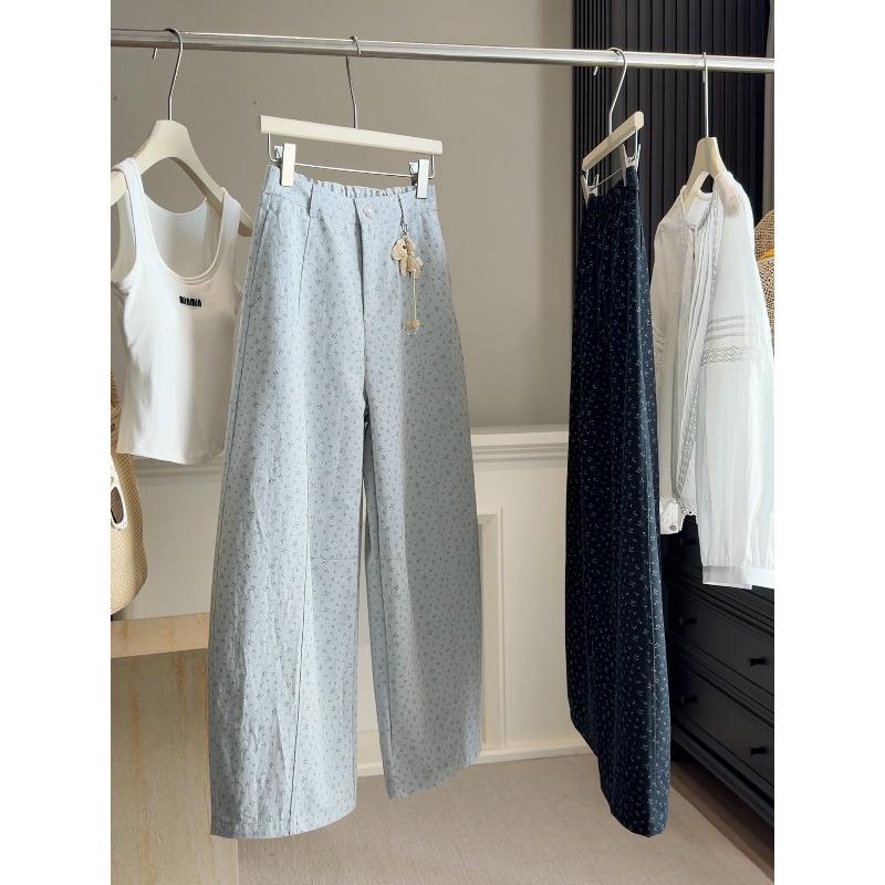 

Spring new Korean floral wide-leg casual pants women s rear elastic high-waisted loose and thin versatile scimitar pants M небесно-голубой