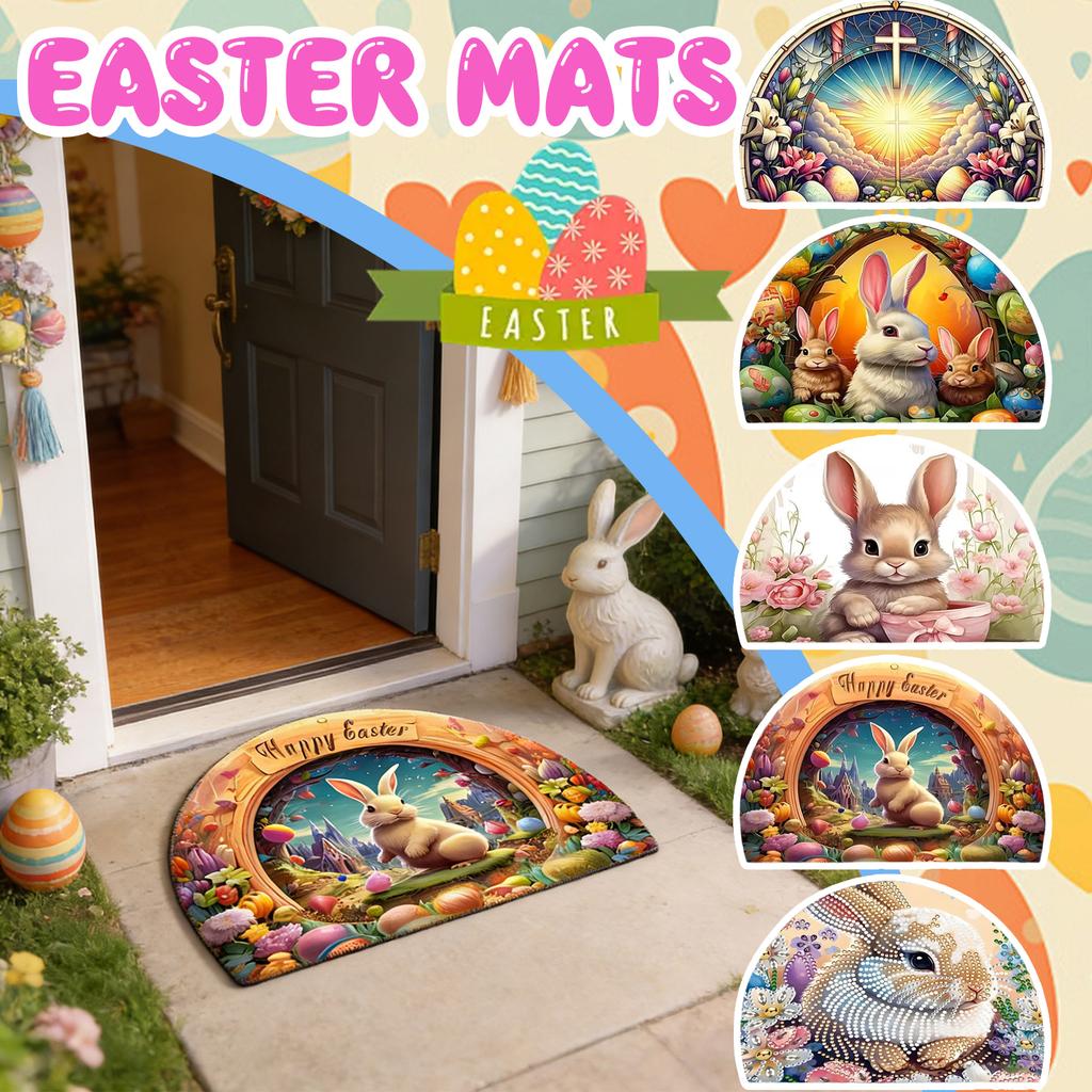 Happy Easter Doormat Outdoor Natural Rabbits Welcome Non- Front Mat Decorative Rugs For Indoor Home Farmhouses Entrance Porch Easter Day Party Decor