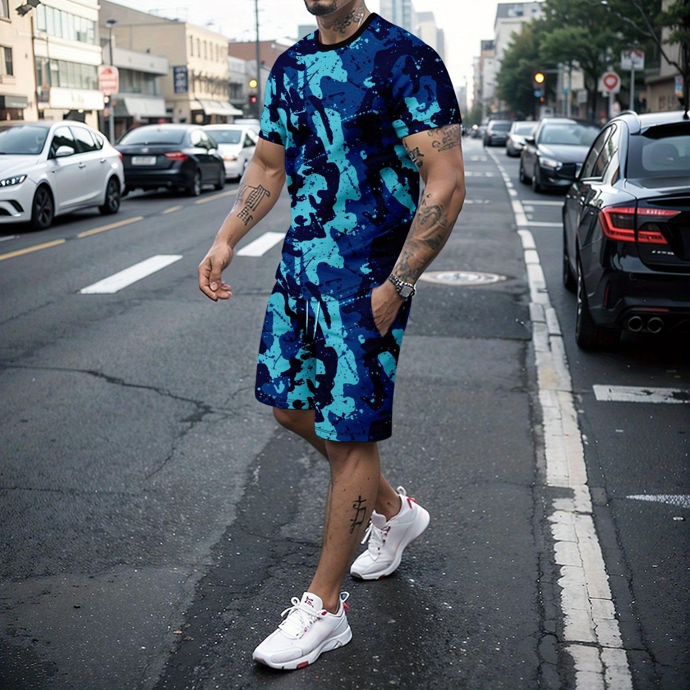 

2-piece Men s Camouflage Summer Outfit Set, Men s Short Sleeve Crew Neck T-shirt & Drawstring Shorts With Pockets 6XL