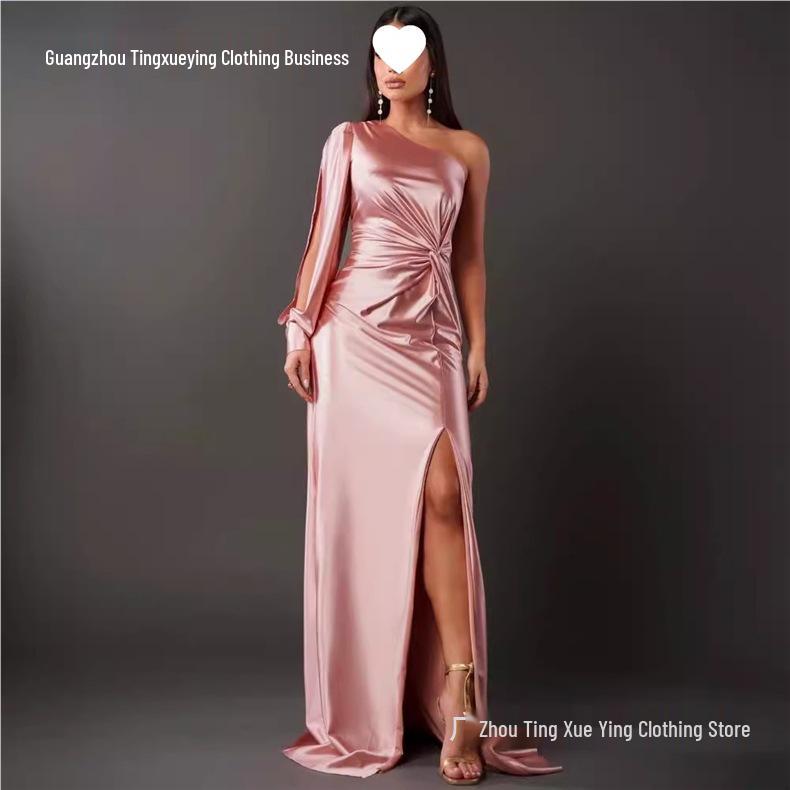 New Women's One-Shoulder Raglan Sleeve Pleated Waist Slit Sexy Long Dress
