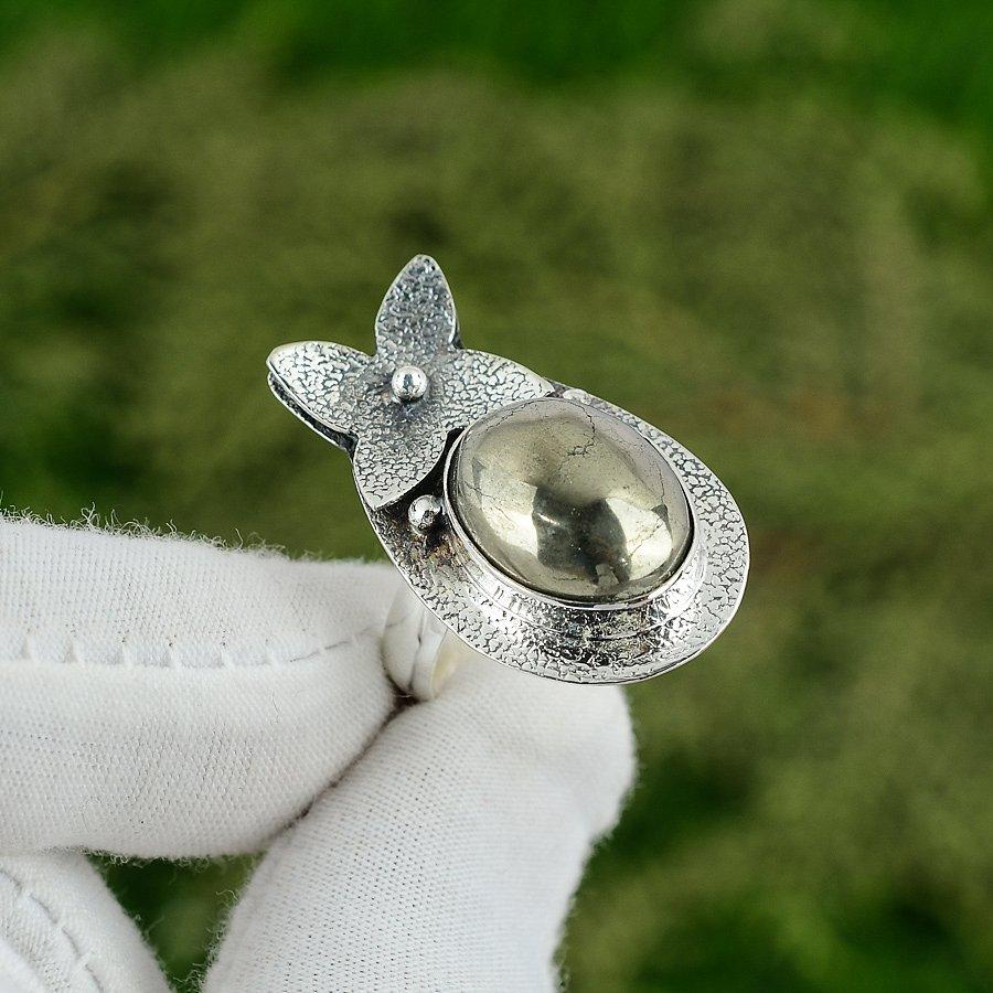 925 Sterling Silver Pyrite Agate Stone Daughter Statement Handmade Ring Jewelry Adjustable
