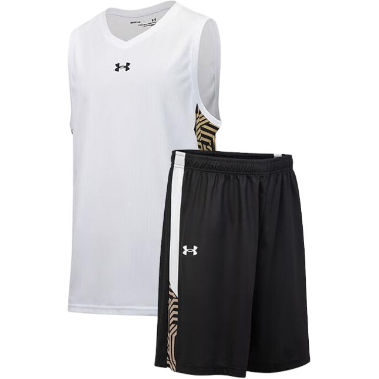 Under Armour Logo Print V-Neck Tank Top Knit Training Sports Shorts Basketball Set Men sets White Black 23500101-100-+-21500201-001