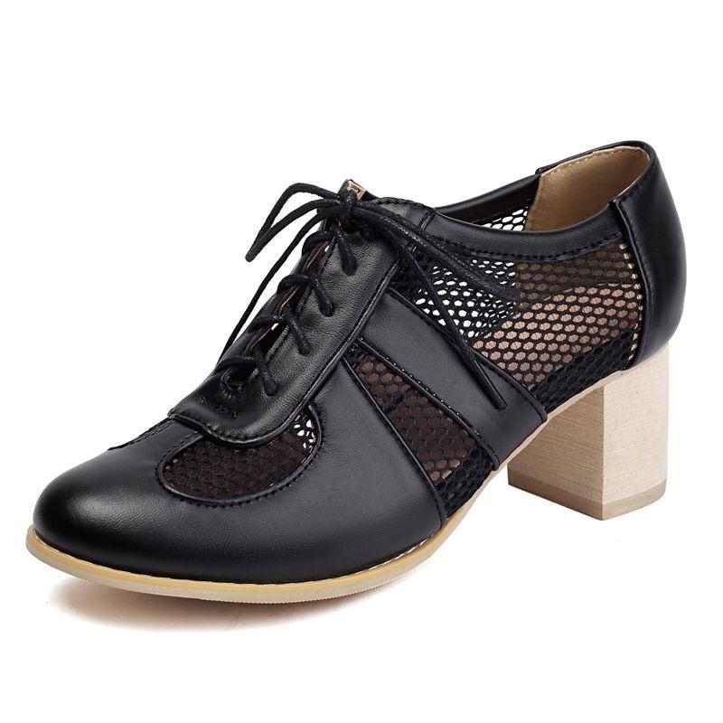 2025 Leisure Women Pumps Round Toe Block Heels 5.5cm Lace Up Breathable Mesh Mixed Big Size 41 42 43 Soft Daily Shoes
