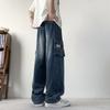 Summer Men's Straight Jeans Pockets Wide Leg Denim Cargo Pants Lightweight Baggy Jeans Trousers